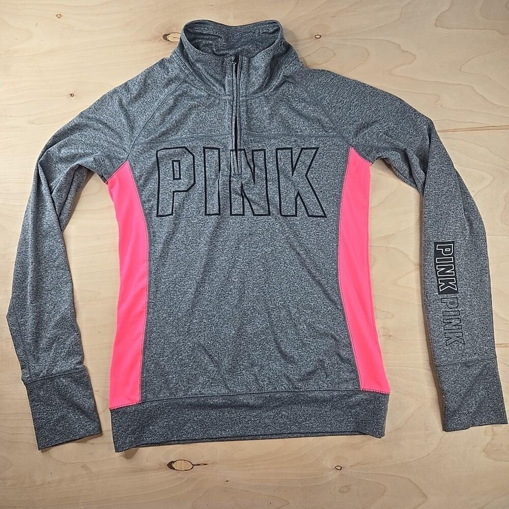 Victoria’s Secret PINK Quarter Zip Pullover Gray Neon Pink Logo Sweatshirt M